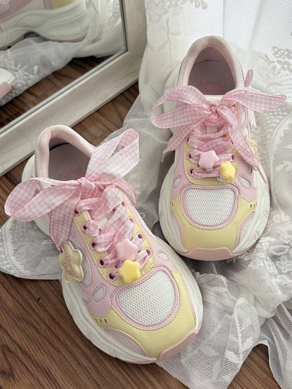 in Platform Pink Lolita Design Bow Plaid Lace-up Star Sweet Details Sneakers Yellow And