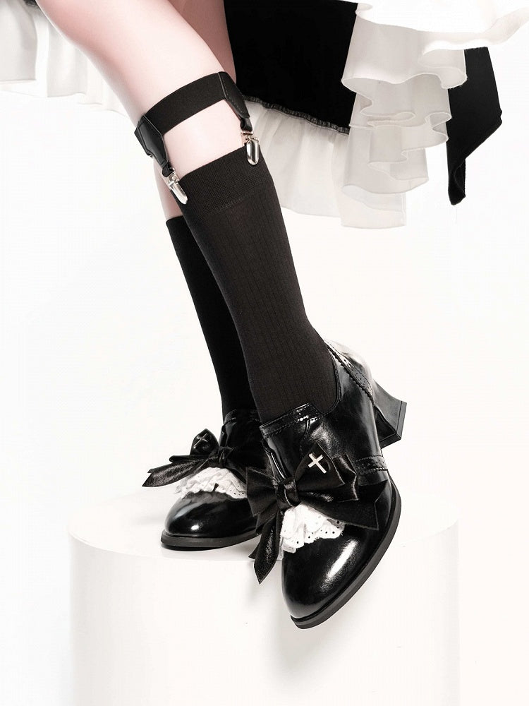 Polished Black Gothic Bowknot 5.5cm Heels Cross Lace - EvilStar