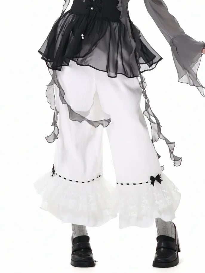 ホワイトの伸縮性ウエスト、蝶結び、ティアードフリル袖口、カジュアルパンツの詳細