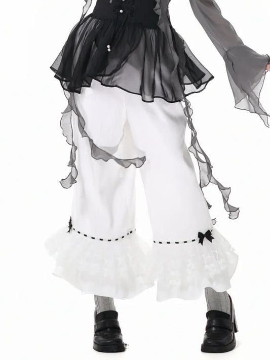 Weiße Freizeithose mit elastischer Taille und Schleife, gestuften Rüschenbündchen