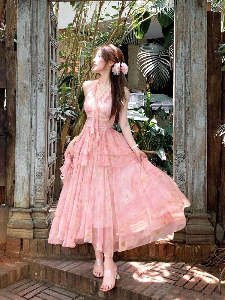 Pink Oil Painting Print Ruffle Trim Summer Holiday Dress - Qchiwawameme