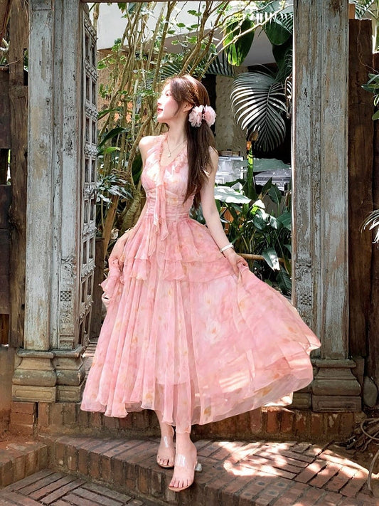 Pink Oil Painting Print Ruffle Trim Summer Holiday Dress - Qchiwawameme