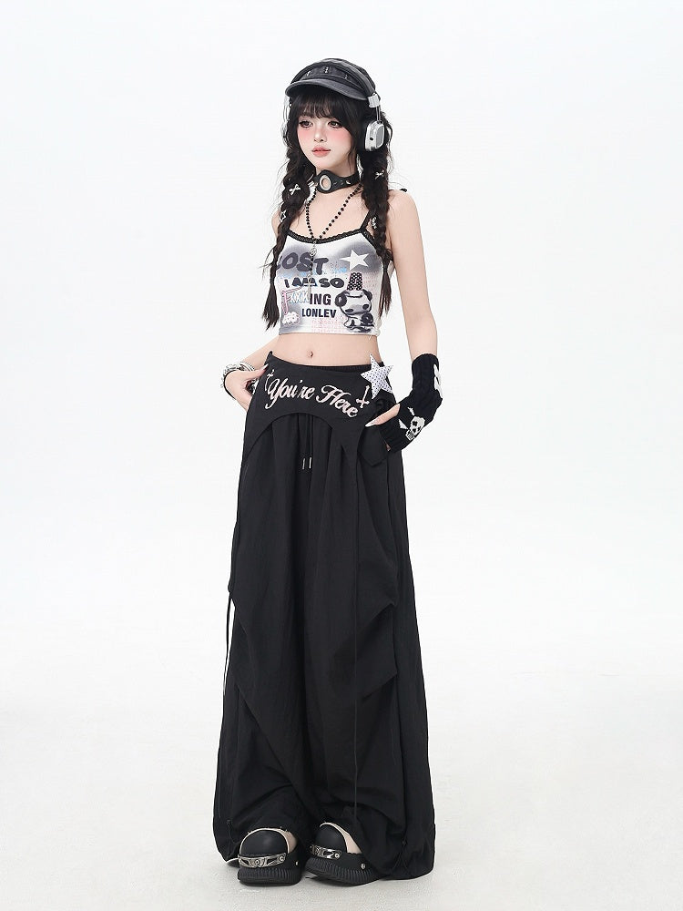 Black Punk Pants Accessory Waist Asymmetrical with Drawstring Waist Wasteland
