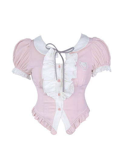 Pink Peter Pan Collar Puff Sleeve Blouse with Ruffle Trim and Bow Tie