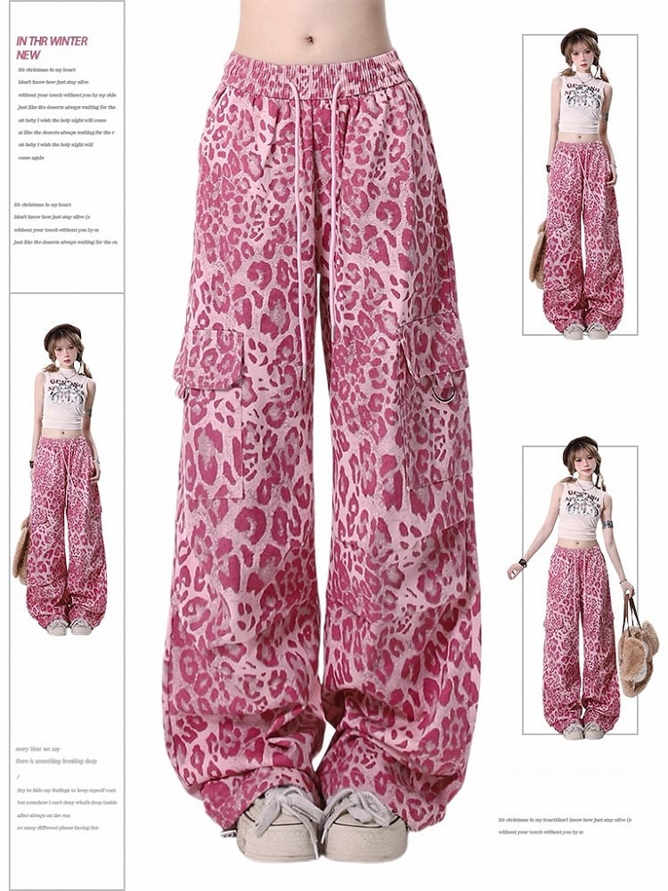 Waist with Cargo Drawstring Pants Print Gyaru Straight-Leg Leopard Pink
