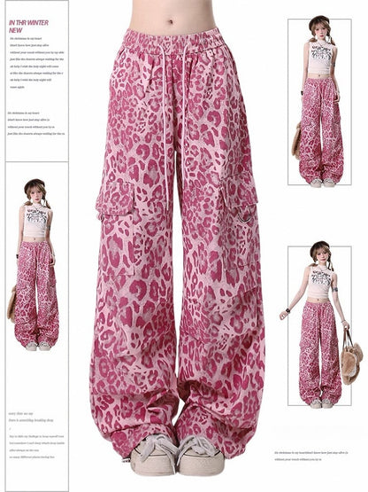 Waist with Cargo Drawstring Pants Print Gyaru Straight-Leg Leopard Pink