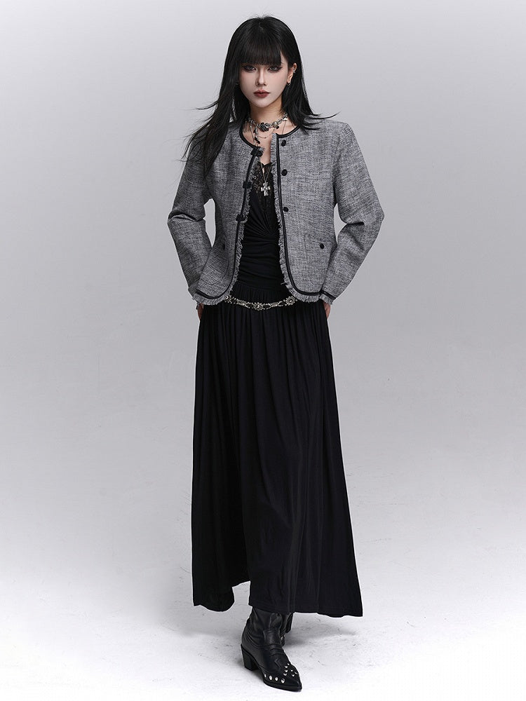 Ruched Detailing V-Neck with Lace Black Shoulders Maxi Gothic Dress Padded