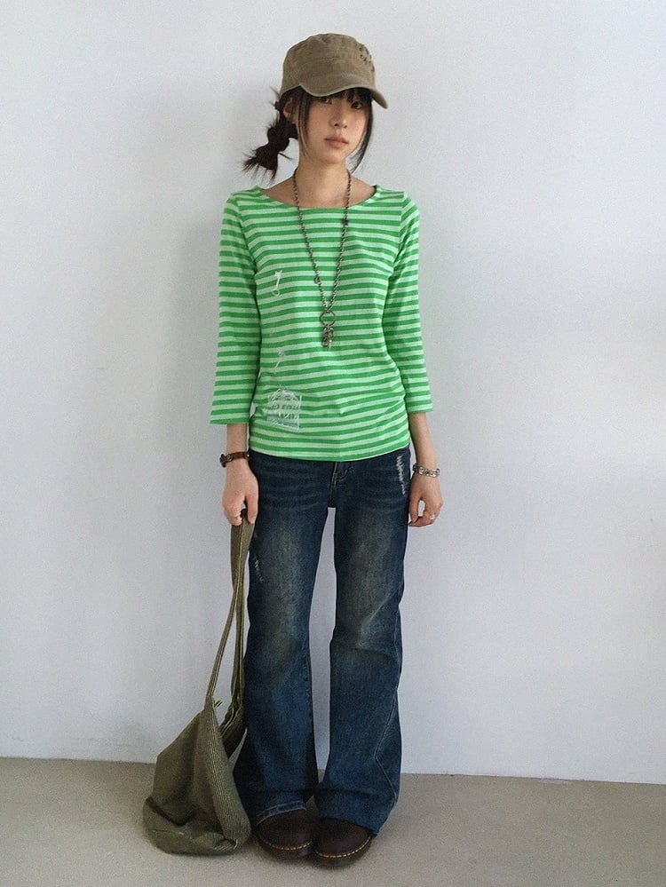Green Striped Wide Round Neck Long Sleeve T-shirt with Key and Iron Gate Print - innomoood