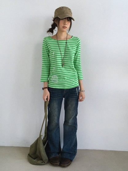 Green Striped Wide Round Neck Long Sleeve T-shirt with Key and Iron Gate Print - innomoood