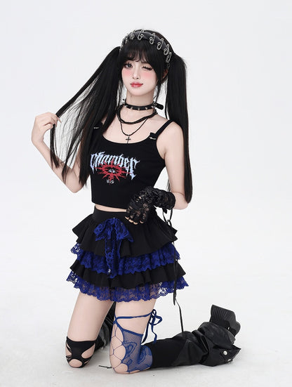 Contrast Blue Lace Trim Black Elastic Tiered Skirt Y2K Waist