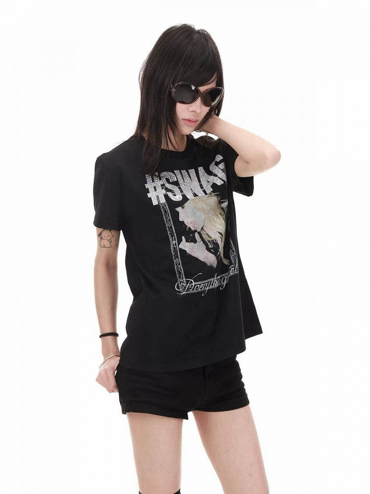 Genderless Punk Black Tee with Girl Rhinestone Print - DETW OnLine