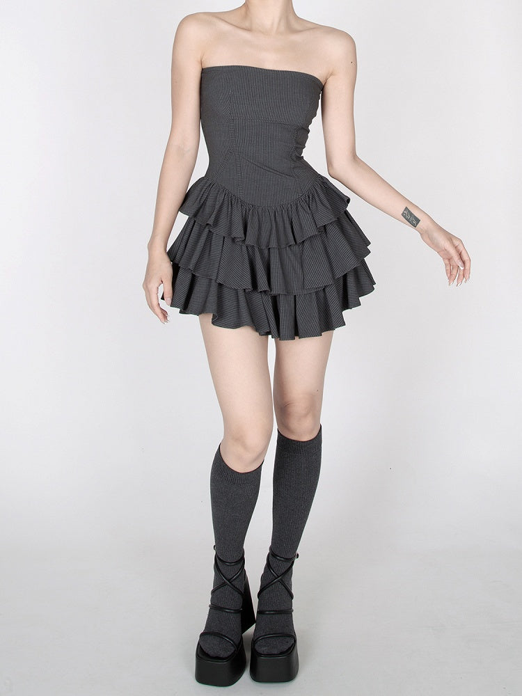 Dark Gray Striped Tiered Ruffles Mini Skirt Strapless Dress