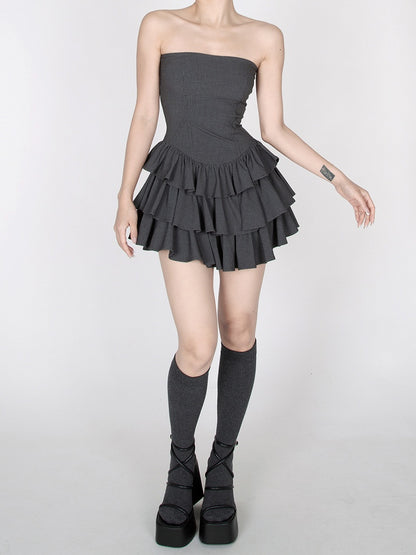 Dark Gray Striped Tiered Ruffles Mini Skirt Strapless Dress