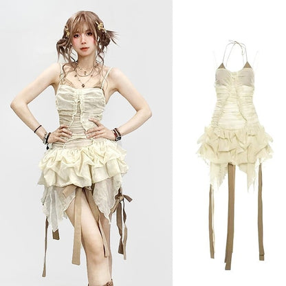 Ruffle Set- Self-tie Beige Dress Trim Skirt Cami Glamorous Straps +