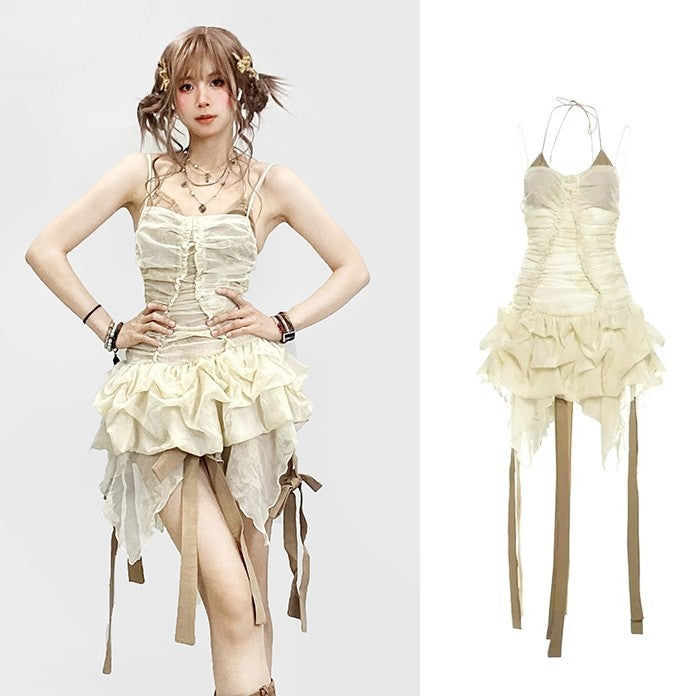 Cami Set- Self-tie Glamorous Trim Dress Ruffle Skirt + Straps Beige