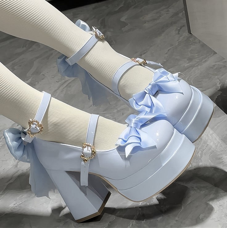 in Toe Lolita Sweet with Bow Platform Round - Detail PU Mary Blue Janes Sky