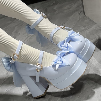 in Toe Lolita Sweet with Bow Platform Round - Detail PU Mary Blue Janes Sky