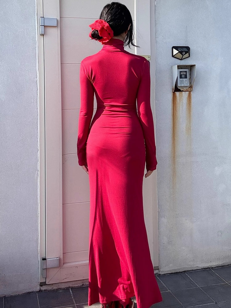 ゴシックレッドコフィンカットアウトクロスディテールハイネックマーメイドスカートマキシドレス