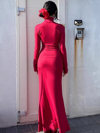 ゴシックレッドコフィンカットアウトクロスディテールハイネックマーメイドスカートマキシドレス