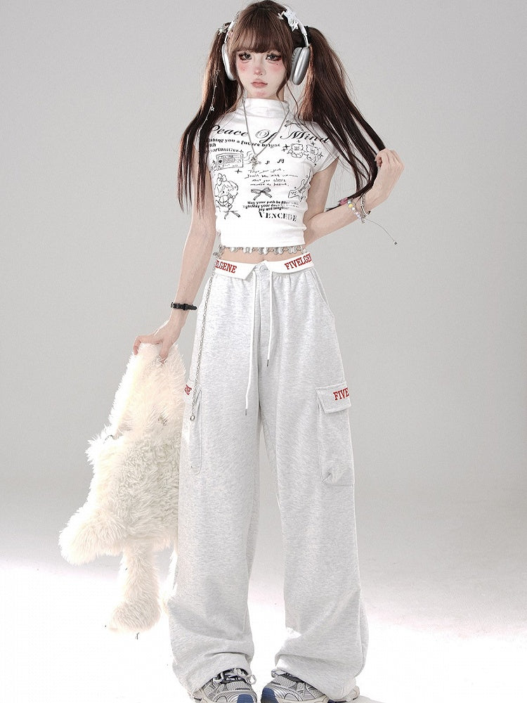 Pants Letter - Waistband Wide-Leg Pockets Gray Foldover Embroidered