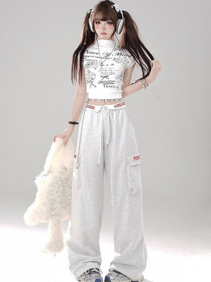 Pants Letter - Waistband Wide-Leg Pockets Gray Foldover Embroidered