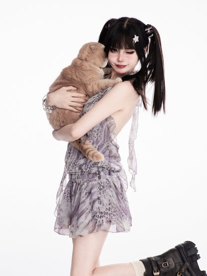 Lavender Leopard Pattern Gyaru Fashion Cascading Ruffle Chiffon Halter Backless Dress