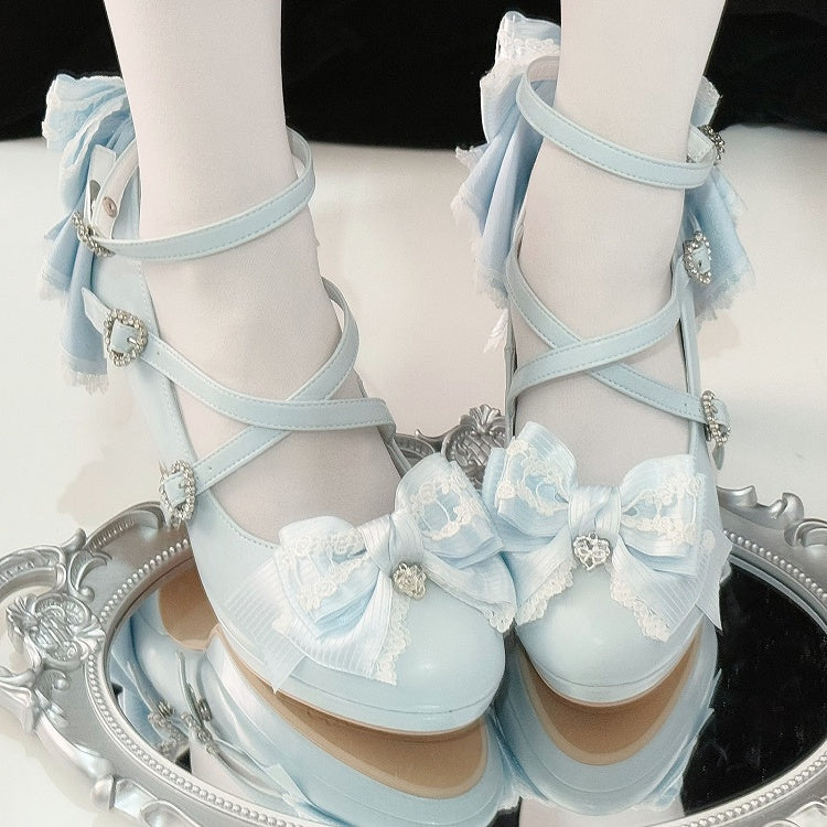 Hohe Schnalle Blau Design Heels Herz Crisscross Top Licht an der Schleife