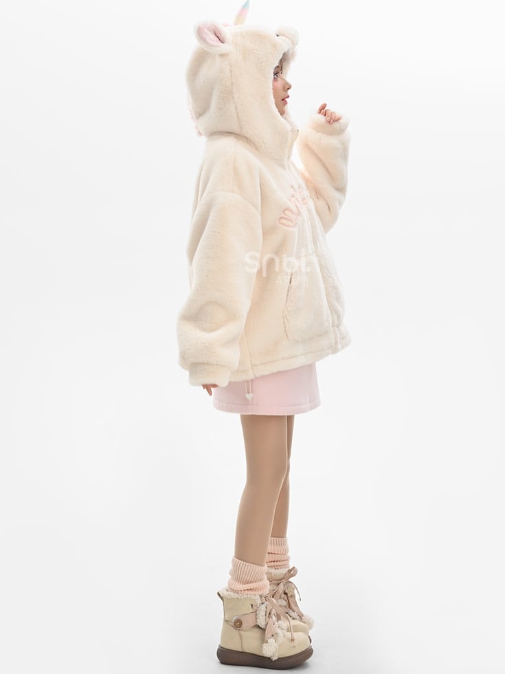 Beigefarbener Fleece-Kapuzenpullover mit Buchstabenmuster und Einhornkopf