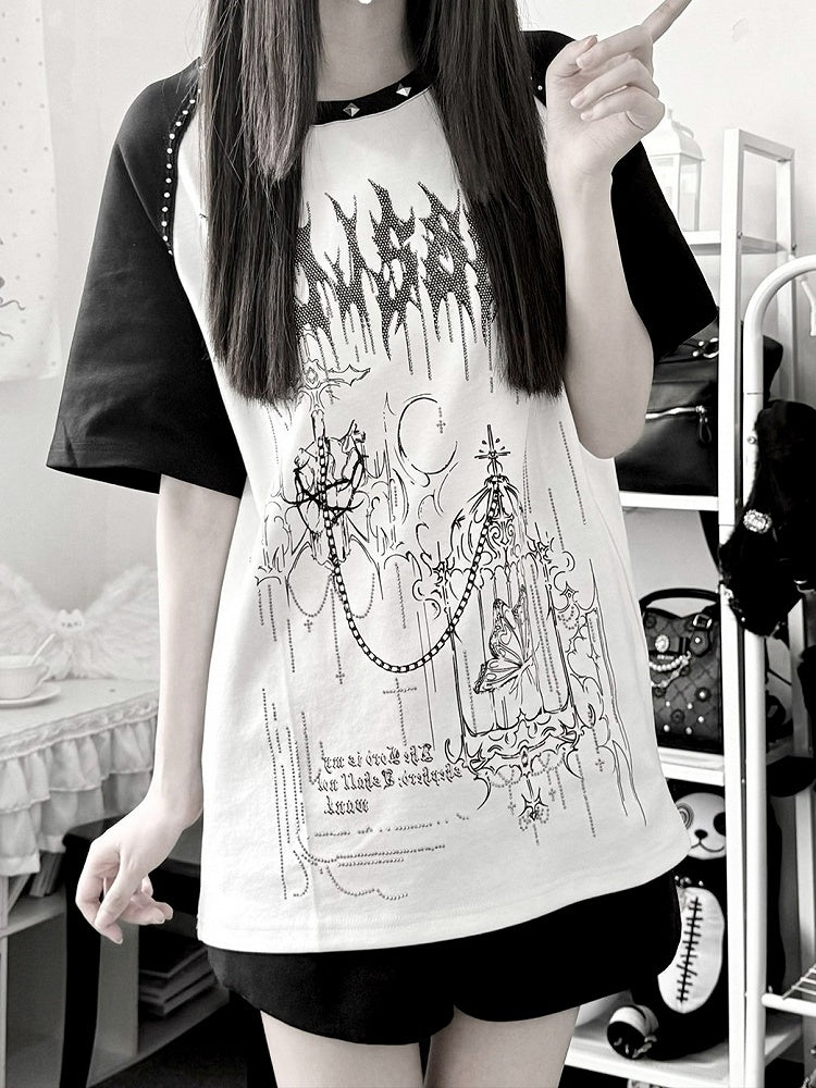 White & Black Jirai-Kei Raglan Short Sleeve Tee with Hot-Fix Rhinestone & Graphic Accents - Puzzles
