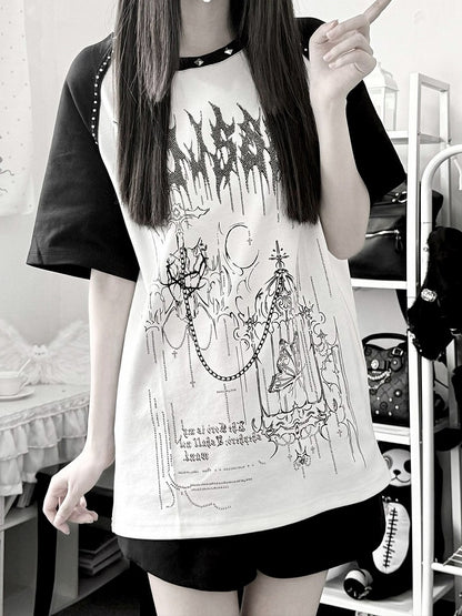 White & Black Jirai-Kei Raglan Short Sleeve Tee with Hot-Fix Rhinestone & Graphic Accents - Puzzles