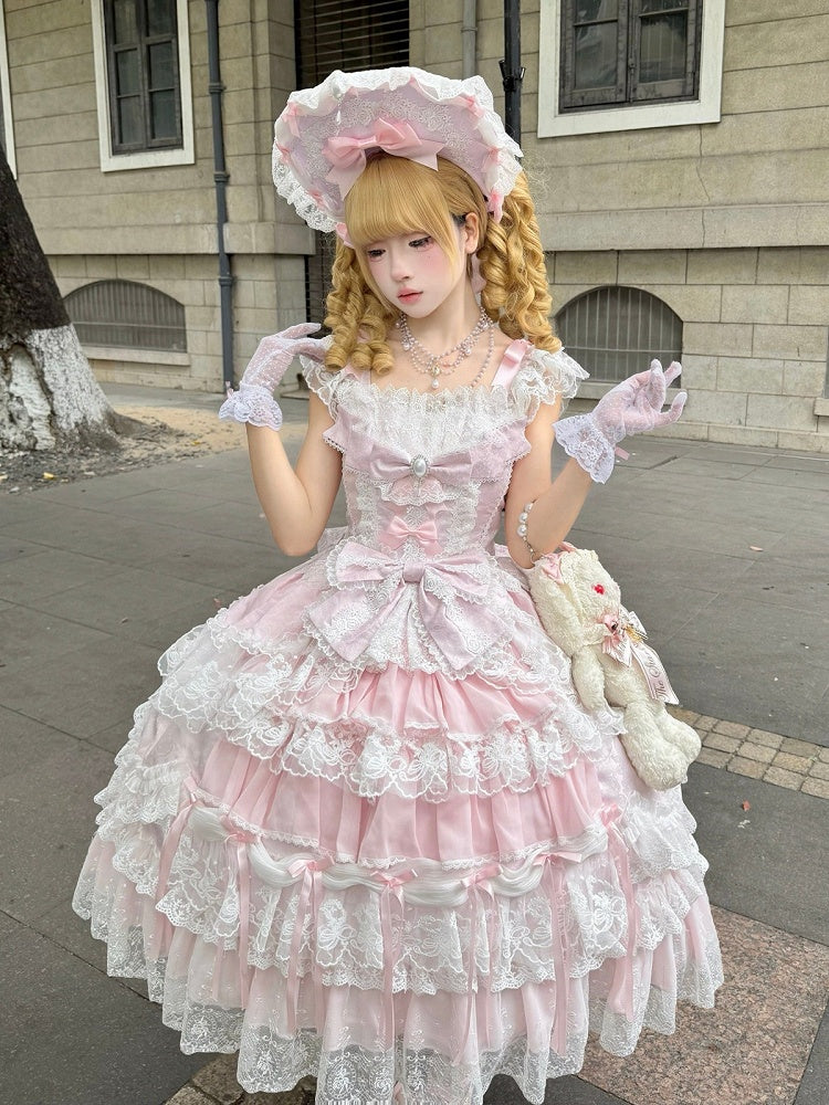 Pink Hanayome Tiered Lolita JSK Dress with Bows & Lace Trim - Set Includes Bonnet & Back Bow