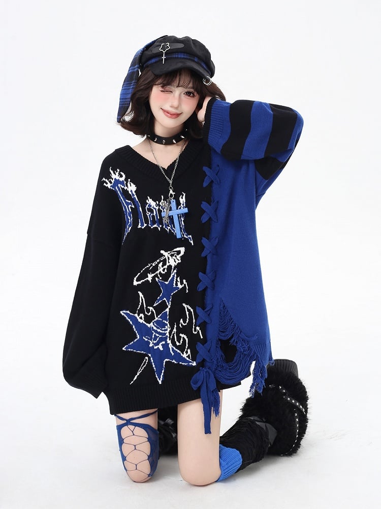 in V-Neck Sweater with Colorblock / Hem Detail and Blue Lace-Up Black Red Distressed