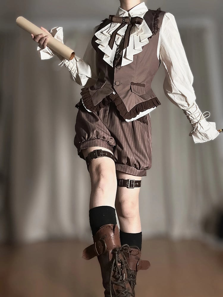 Brown Ouji Lolita Detective Set with Waistcoat and Bloomer Shorts