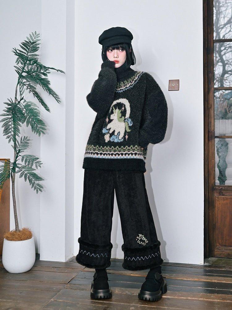Black High-Waisted Wide-Leg Pants with Pony Embroidery & Fur Hem - Quirky Hut