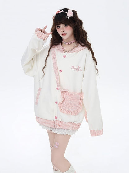 Apricot & Pink Heart-shaped Buttons Hoodie with Detachable Bunny Ear Design