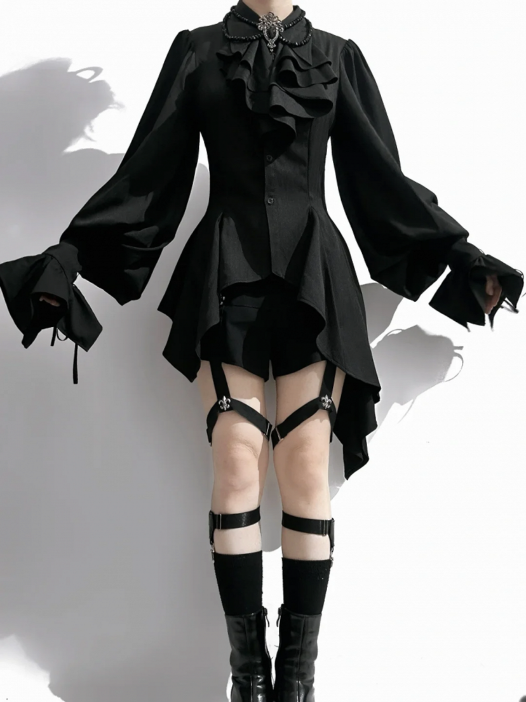 Foldover Pointed Lolita Ouji Long Shirt Sleeves Black Jabot Collar