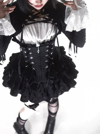 Lace-Up Boned Corset with Ruffle Details in Black - Moonveil Manuscript