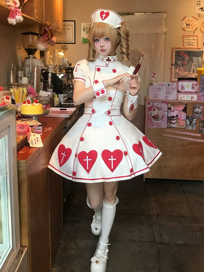 Krankenschwester Weiß Puff Rot Patches Ärmel Herz Lolita Cross Kleid