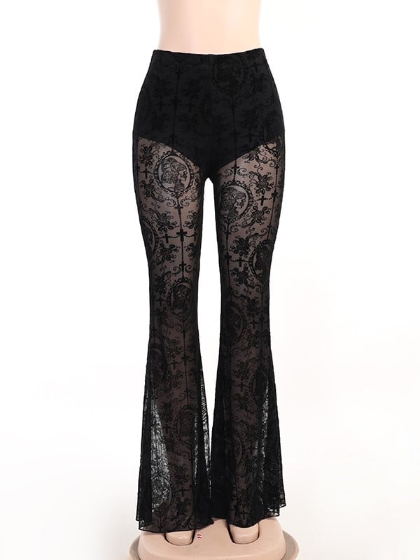 Semi-Sheer with Black Flare Pants Cross Gothic Embroidery Lace