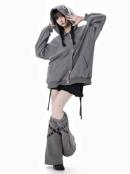 ブラック/グレー クロス PU ストラップ レッグウォーマー