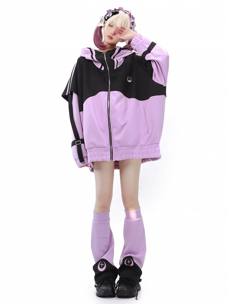 Jirai Black Front and Jacket Zip Purple Up Sleeves Kei Sweatershirt Long
