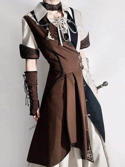 Straight-leg Short Pieces Steampunk Three - Sleeves + Pants Waistcoat Ouji Long Set One-shoulder Shirt Lolita