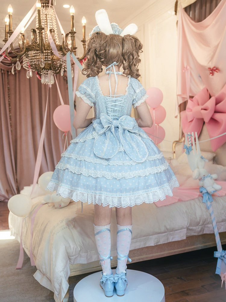 Süßes Lolita-Kleid mit Häschen-Quadrat-Punktmuster und Ohren, blauer Plüsch-Ausschnitt