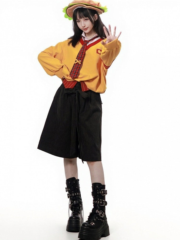 Wide-Leg Black Shorts with Red Striped Waistband - PINK SAVIOR