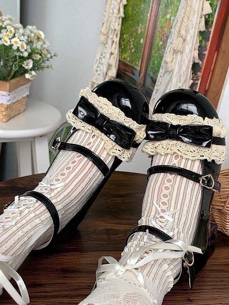 Mid with Trim Lace Lolita Heels and Mary - Sweet Details Jane for Heart Buckle Black Bow
