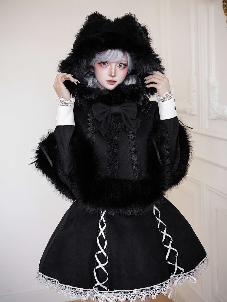 Cape Winter Black with Cat Ear Faux Fur Lolita Trim Hooded