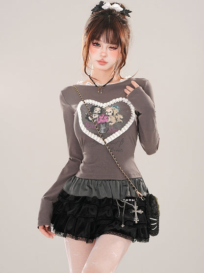 Grey/White Puppies Print Ruffle Hem Slim-fit T-shirt