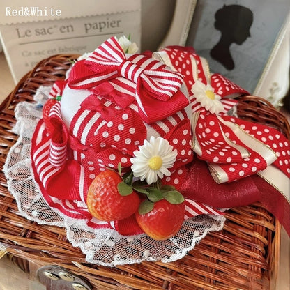 Rotweiß/Schwarz/Rot Verzierter Hut und Details Blumenspitze Erdbeere Minibesatz Schleife