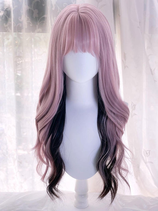 長さ65cm、黒、ピンクウィッグ、エアハイライト、ウェーブ前髪