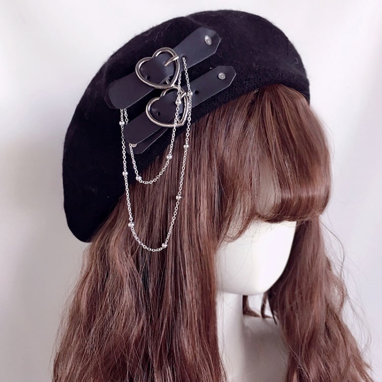 Buckle 4 Colors with Details Chain Beret